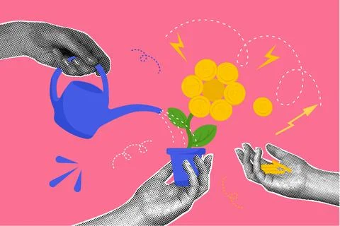 Trendy halftone collage. Concept of hands with investment. The image shows hands Stock Illustration