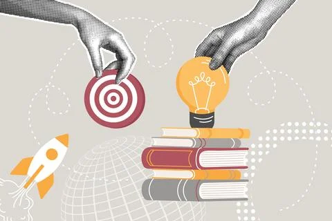 Trendy halftone collage. Concept of knowledge, wisdom to create develop a new Stock Illustration