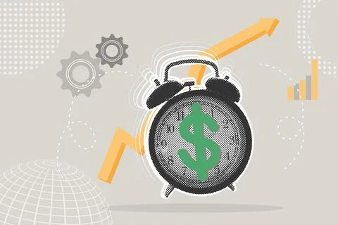 Trendy halftone collage. Concept of making profit, time for money, reminder to Stock Illustration