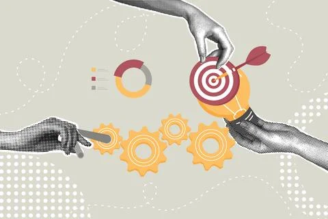 Trendy halftone collage. Concept project management, business idea realization Stock Illustration