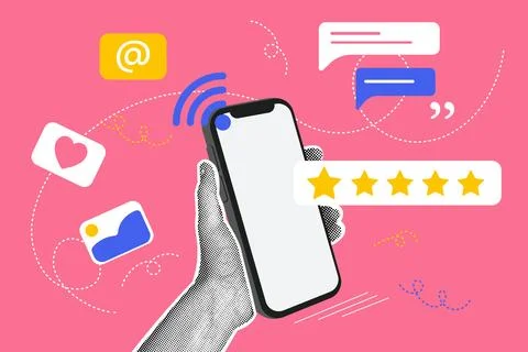 Trendy halftone collage. Concept of using wifi,communication,mail,quality Stock Illustration