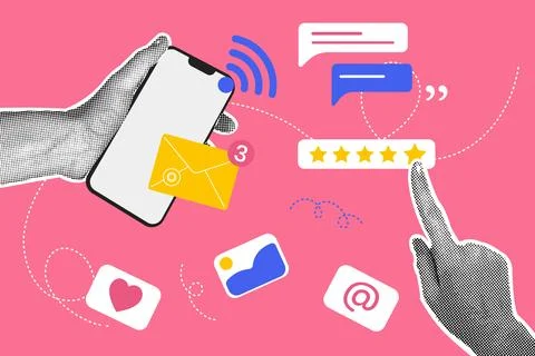 Trendy halftone collage. Concept of using wifi,communication, quality assessment Stock Illustration