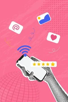 Trendy halftone collage. Concept of using wifi on phone,communication,mail Stock Illustration