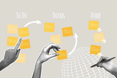 Trendy halftone collage. Concept of viewing progress of work on kanban board Stock Illustration