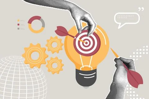 Trendy halftone collage. Concept of working together to achieve a goal Stock Illustration