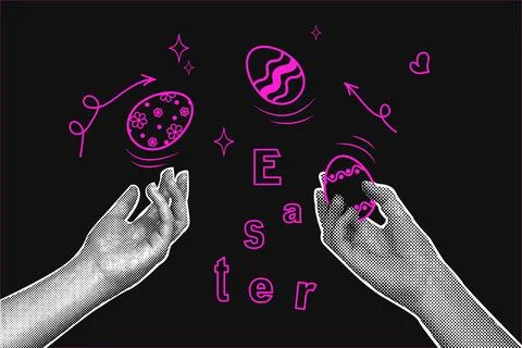 Trendy halftone collage on dark background. Hands juggling painted eggs for Stock Illustration