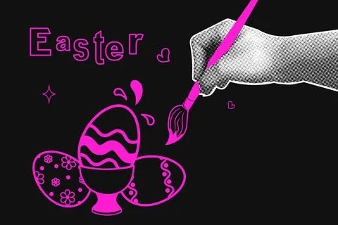 Trendy halftone collage on dark background. Hand with a brush dyeing eggs for Stock Illustration