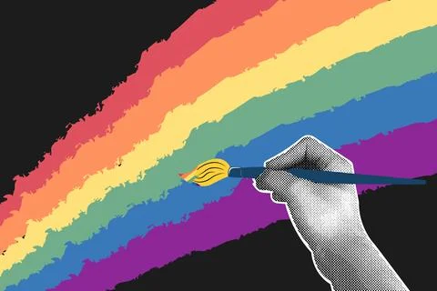 Trendy halftone collage on dark background. Hand with a brush painting a rainbow Stock Illustration