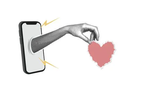 Trendy halftone collage. A hand with a cell phone. Torn paper in the shape of a Stock Illustration