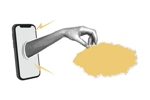 Trendy halftone collage. Hand from cell phone. Torn paper in the shape of a Stock Illustration