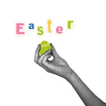 Trendy halftone collage. Hand with egg painted for Easter holiday. Easter Illustrazione stock