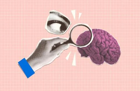 Trendy Halftone Collage - Hand with magnifying glass and brain. Mental problem Stock Illustration