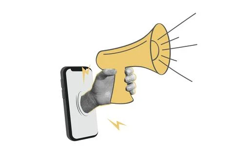 Trendy halftone collage Hand with megaphone. New notification. Time marketing Stock Illustration