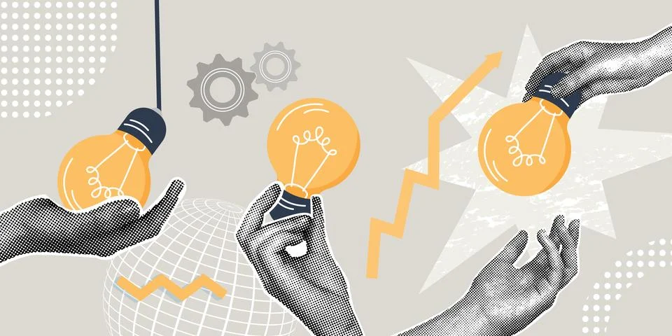 Trendy halftone collage Hands holding a light bulb. New ideas and solutions in Stock Illustration