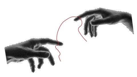 Trendy halftone collage hands touch each other. Reconciliation concept. The.. Stock Illustration