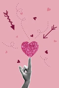 Trendy halftone collage. Image of halftone hand with pink glitter heart and Stock Illustration