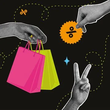 Trendy halftone collage. Image of hands with shopping. Trendy retro collage from Stock Illustration