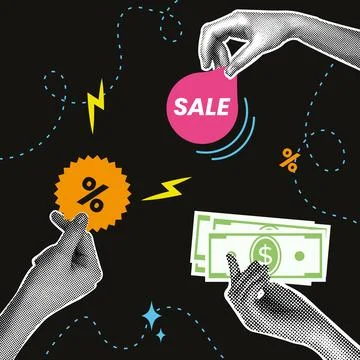 Trendy halftone collage. Image of hands with discount coupon and money. Trendy Stock Illustration