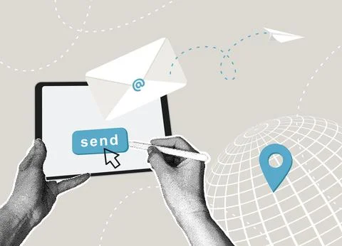 Trendy halftone collage. Sending e-mail. Digital communication concept Stock Illustration