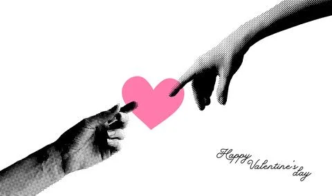 Trendy Halftone Collage Two Hand touching Heart. Social media minimalistic 스톡 일러스트