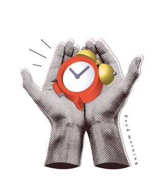 Trendy Halftone Collage with Two Hands holding red vintage 3d render Alarm Clock Stock Illustration