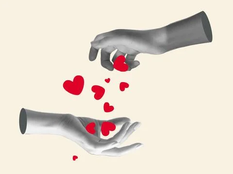 Trendy halftone collage with two hands holding floating hearts. Social medi.. Stock Illustration