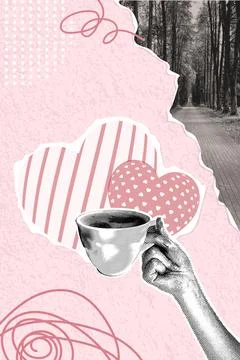 Trendy halftone collage. Vector collage of torn paper, coffee cup on background Stock Illustration