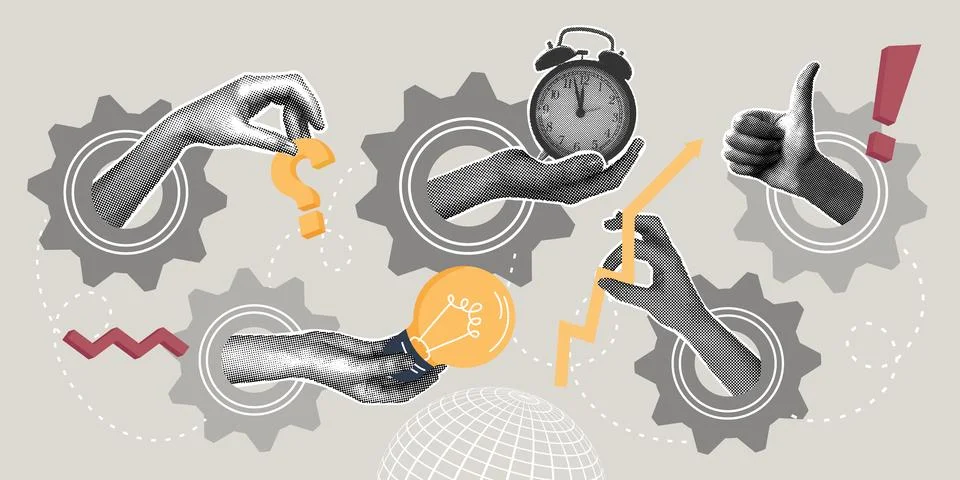 Trendy halftone collage. Working process as a single mechanism, management Stock Illustration