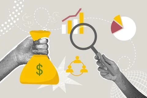 Trendy halftone collage.Concept of analytics, savings, teamwork, profit Stock Illustration