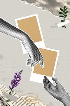 Trendy halftone collage.Vector banner collage of torn paper,flowers and hands Stock Illustration