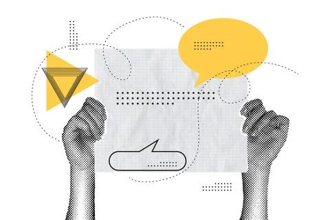 Trendy halftone hand collage with documents. Paper document, notepad, daily Stock Illustration