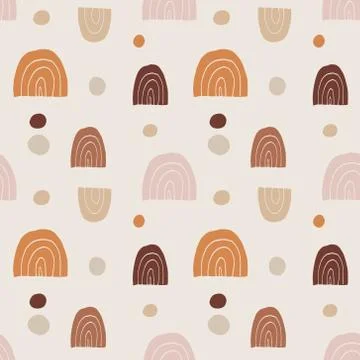 Trendy hand drawn seamless pattern with doodle rainbows and dot circles. Retro Stock Illustration