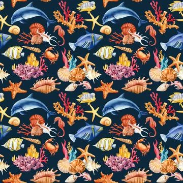 Trendy Hand drawn seashell, dolphin, fish. Marine illustration Seamless Pattern Stock Illustration