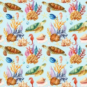 Trendy Hand drawn seashell turtle fish. Marine Seamless Pattern watercolor Illustrazione stock