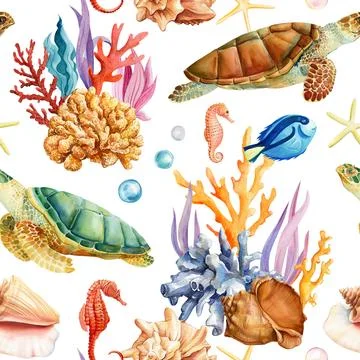 Trendy Hand drawn seashell turtle fish. Marine Seamless Pattern watercolor Stock Illustration