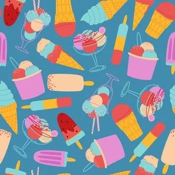 Trendy ice cream vector seamless pattern. Types of dessert.Corn, ice cream on Stock Illustration