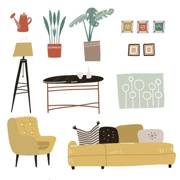 Trendy interior design elements. Modern furniture for living room - sofa Stock Illustration