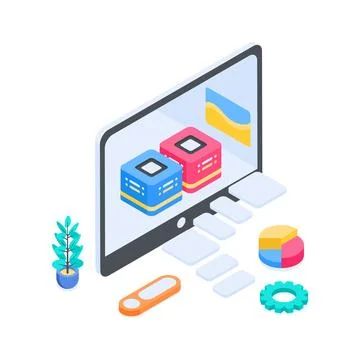 Trendy isometric illustration of cloud database and web hosting service. 库存插图