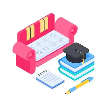 Trendy isometric illustration of study corner for comfortable online university Stock Illustration