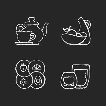 Trendy kitchenware chalk white icons set on dark background Illustrazione stock