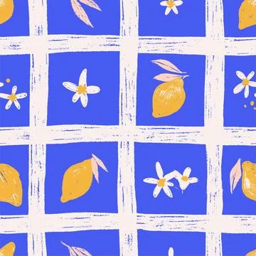 Trendy lemon seamless pattern in summer amalfi style. Tropical bright fruit 스톡 일러스트