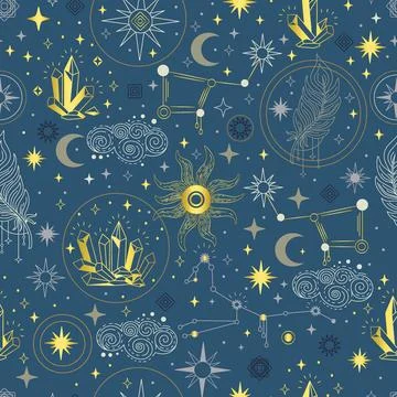 Trendy linear celestial seamless pattern vector Stock Illustration