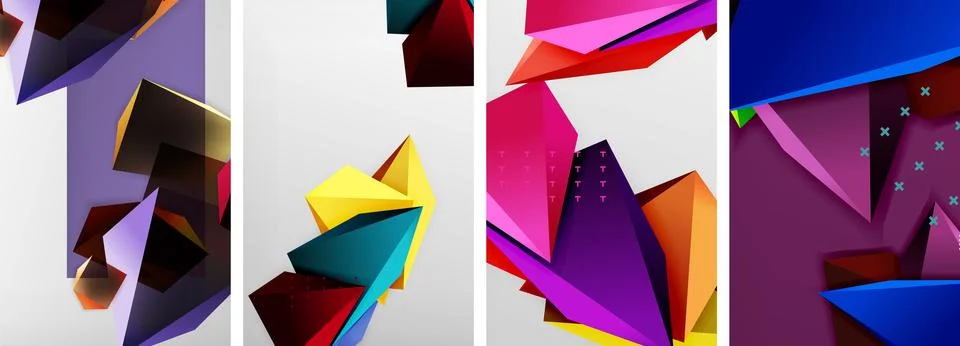 Trendy low poly 3d triangle shapes and other geometric elements background Stock Illustration