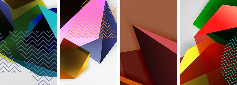 Trendy low poly 3d triangle shapes and other geometric elements background Illustrazione stock