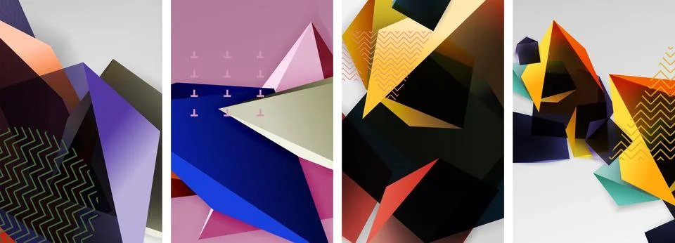 Trendy low poly 3d triangle shapes and other geometric elements background Illustrazione stock