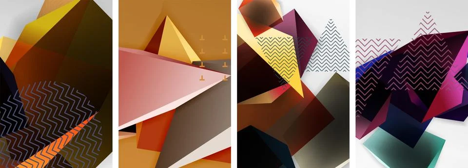 Trendy low poly 3d triangle shapes and other geometric elements background Illustrazione stock