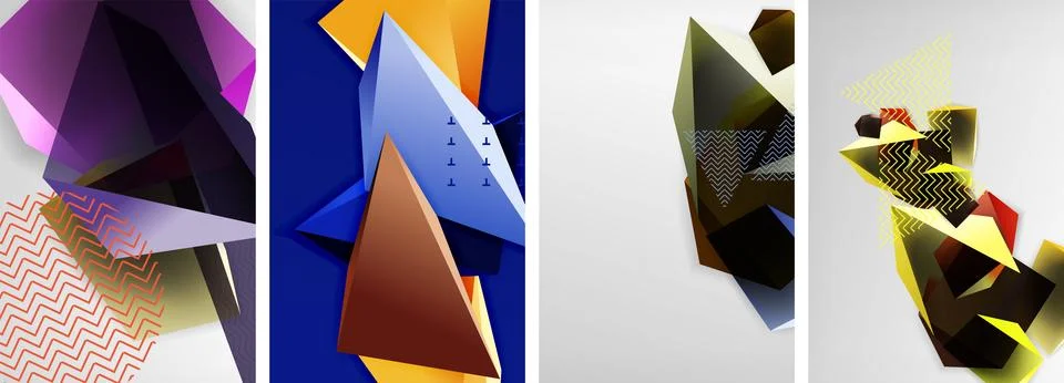 Trendy low poly 3d triangle shapes and other geometric elements background Stock Illustration