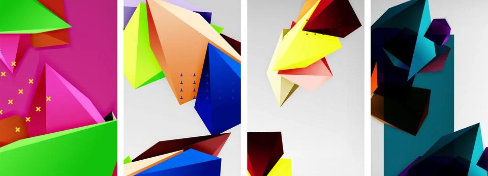 Trendy low poly 3d triangle shapes and other geometric elements background Stock Illustration