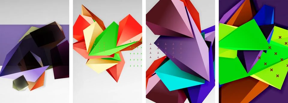 Trendy low poly 3d triangle shapes and other geometric elements background Illustrazione stock