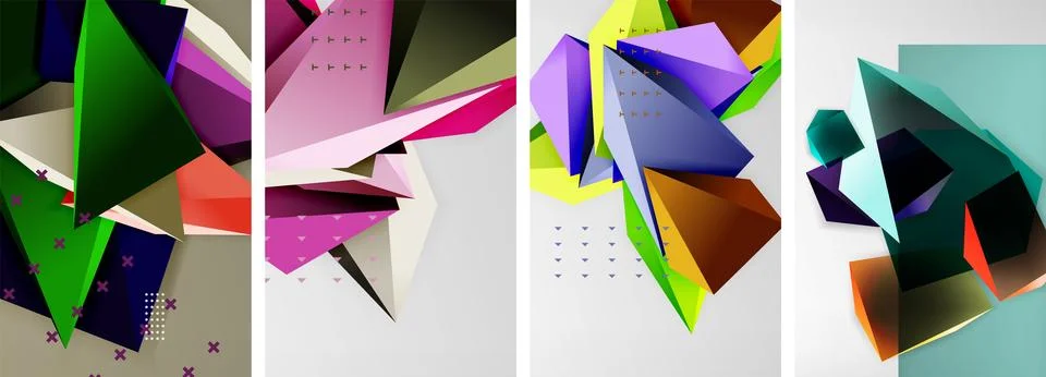 Trendy low poly 3d triangle shapes and other geometric elements background Stock Illustration